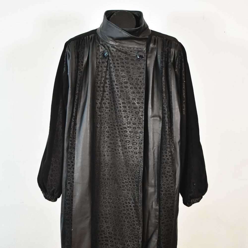 Vintage 80s Black Leather and Suede Trench Coat - Picture 2 of 11